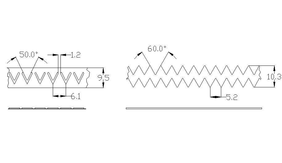 Turbulator designs showing zigzag band and embossing patterns with dimensions